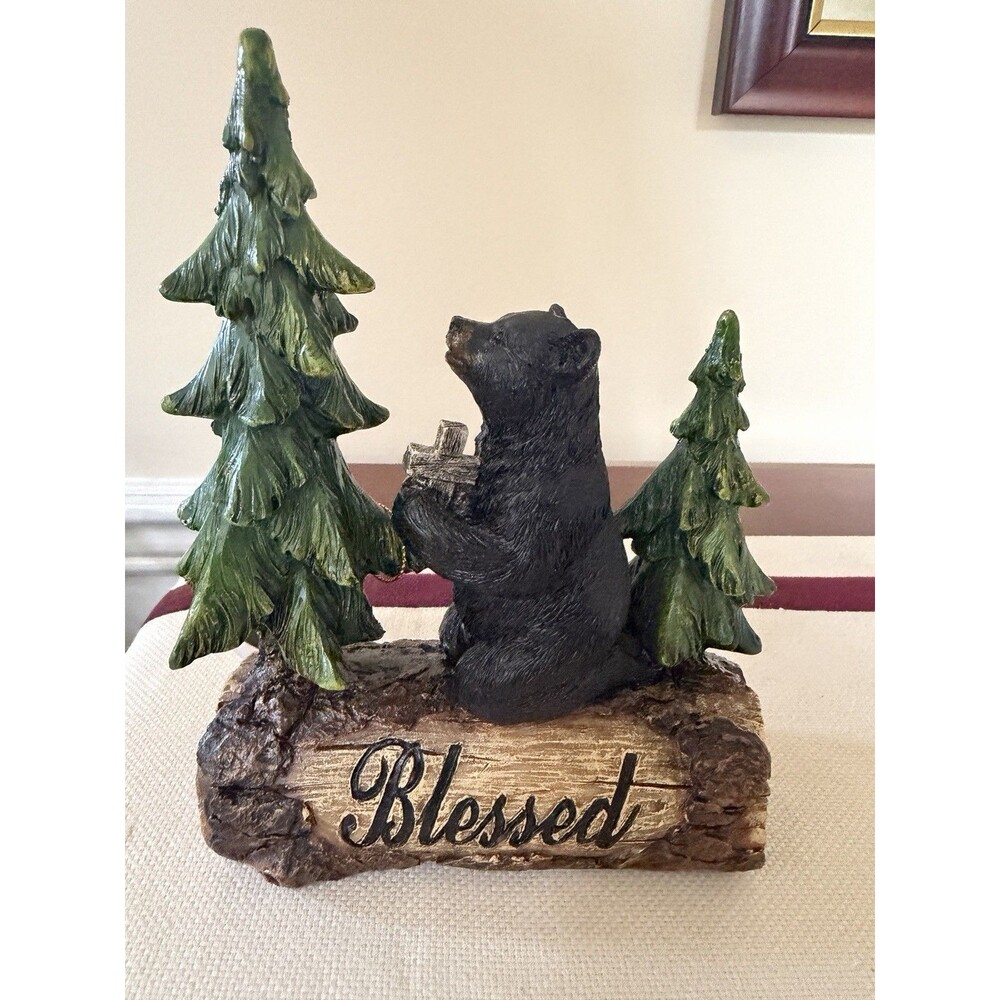 Blessed Rustic Western Black Bear Kneeling On Log by Pine Trees